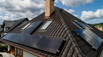 Zbliżenie instalacji PV na dachu kopertowym